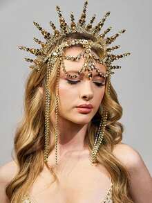 Exaggerated Crystal Crown Headband, Geometric Tassel Headdress Party Accessory, Bride To Be, Tiara - Silver - View 3