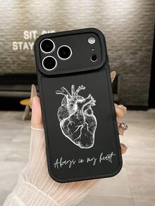 Valentine's Day Gift Anatomical Heart Phone Case, "Always In My Heart" Quote Cover, Dark Romantic Gothic Aesthetic Soft TPU Shockproof Shell, Camera Lens Protection, Compatible With IPhone Case & Galaxy Case - Black - View 3