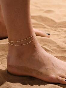 1pc Women's Minimalist Elegant Shiny Double-Layer Gold Anklet, Suitable For Beach, Daily Wear, And Pool Party