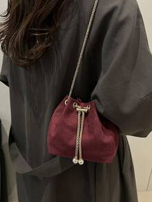 时尚纯色链条肩带迷你水桶斜挎包 - 紅色 - 查看 3