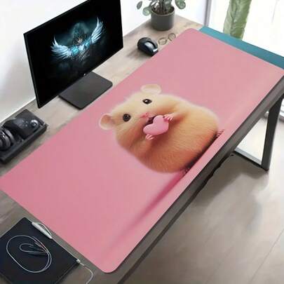 One Large Gaming Mouse Pad With A Hamster Holding A Heart Pattern On A Pink Background, Featuring A Non-Slip, Washable Rubber Base. This Large Desk Mat Is A Great Office Desk Accessory, Computer Decoration, And A Gaming Mouse Pad. It's An Ideal Gift For Gamers, Perfect For A Stylish Office Desk Setup, And A Great Accessory For Studying.