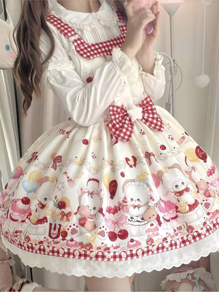 1件 Lolita 風格甜美可愛圍裙洋裝，僅含洋裝，適合假日派對、表演、情人節禮物、秋季穿著