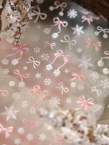 1件冬季粉色雪花蝴蝶结浮雕甜美丝带雪花水晶5D美甲贴纸浪漫冰霜美甲贴花自粘美甲装饰，适合女孩和女性