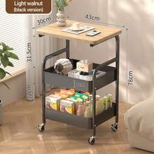 3 Tier Metal Rolling Cart With Wooden Tabletop, Metal Rolling Kitchen Island Cart, Utility Cart Vegetable Storage Rack With Lockable Wheels For Kitchen, Office, Living Room, Bedroom - 黑色 - 查看 4