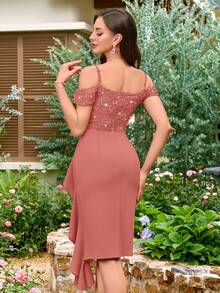 MIUSOL Vestido de cóctel ajustado con volantes asimétricos, encaje floral y lentejuelas - Rosa vieja - Ver 3