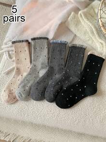 5 đôi tất chấm bi (giao ngẫu nhiên) cho nữ, dài đến giữa bắp chân, phong cách Hàn Quốc, tất dài ấm áp viền ren - Nhiều màu - Xem 10