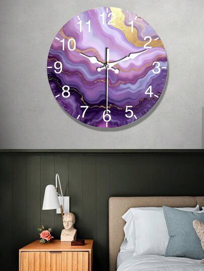 Reloj de pared de madera de 10/12 pulgadas con textura de mármol morado y dorado - Reloj de madera redondo con movimiento silencioso de barrido, manecillas y esfera blancas - Textura de mármol de lujo, adecuado para la sala de estar - Regalo elegante para el día de la inauguración de la casa/cumpleaños/Navidad