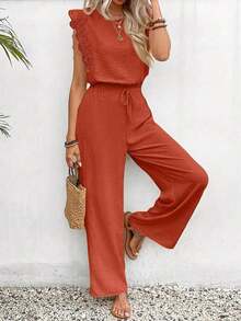 Women's Fashionable Round-Neck Short-Sleeved-Shirt With Side Pocket And Sporty Pants, Spring/Summer Style - 紅色 - 查看 3