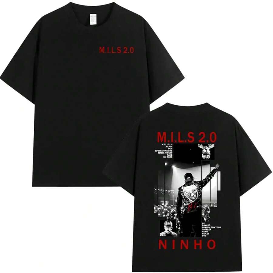 Camiseta de moda hip hop para hombres y mujeres, camiseta de música pop, cantante de rap Ninho MILS 2.0, camiseta con patrón de álbum, camiseta retro, ropa de calle - Negro - Ver 1