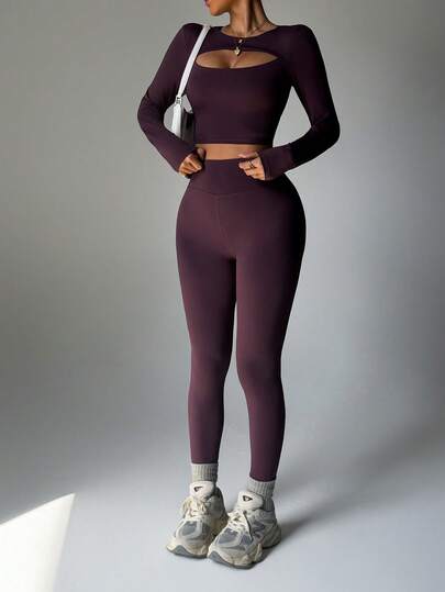 The Graceful Winter Set,Round Neck Long Sleeve Top With Chest-Opening & High-Waist Leggings With Tummy Control, Butt Lifting And Leg-Lengthening Effect,Bust-Enhancing Top With Round Neck Paired With Flattering High-Waist Leggings For An Elegant Silhouette,Chic Round Neck Top With Accentuated Bust And Sculpting High-Waist Leggings,Women's Winter 2-Piece Set