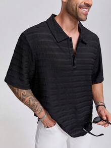 1pc Men's Black Striped Textured Polo Shirt, Collared Short Sleeve Button-Up Casual Versatile Top, Elegant For Holiday Parties, Suitable Gift For Father, Boyfriend, Dad, Friends - Black - View 12