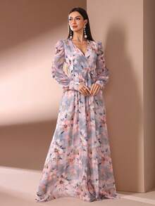 优雅女士印花长袖A字连衣裙，层叠袖子配腰带，度假风，夏季花园春季必备 - 彩色 - 查看 8