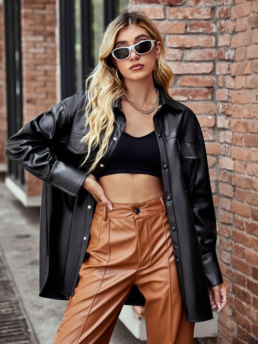 Risissida 女士 PU 皮革夹克，翻领商务休闲中长款春秋季时尚夹克，带口袋，冬季外套 - 黑色 - 查看 1