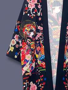 Japanese Style Kimono Cover Up, Minimalist Vintage Cartoon Girl Print, Loose Fit Spring/Summer Unisex Couples Thin Outerwear, Casual Beach Travel Vacation Robe, Festival Party Costume - Black - View 4