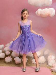 ALISA&LEO 女童无袖公主裙，全身缀满装饰，网纱裙摆，心形领口 - 花童礼服、生日派对礼服、选美礼服、节日庆典礼服 - 紫色 - 查看 5