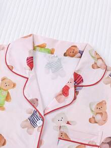 两件套可爱彩色小熊印花睡衣套装，女士舒适短袖翻领纽扣衬衫搭配宽松弹力短裤，时尚百搭，适合户外、室内、四季穿着。 - 藕粉色 - 查看 3