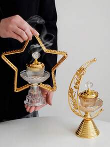 1pc Stylish Pentagram Middle Eastern Ramadan Incense Burner, Luxury Arabian Crystal Glass Aromatherapy Diffuser, Middle Eastern Gold Star Shaped Incense Holder, Indoor Craft Incense Burner, Middle Eastern Ramadan Home Decor Candle Holder - Multicolor - View 9