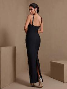 Elegante vestido de fiesta largo con cuello cuadrado sin mangas y detalles decorados con rhinestones - Negro - Ver 2