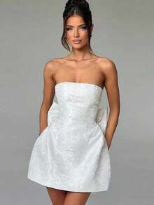Valentine's Day Jacquard Strapless Tube Top Back Big Bow Ruched Waist Mini Party Dress - White - View 1