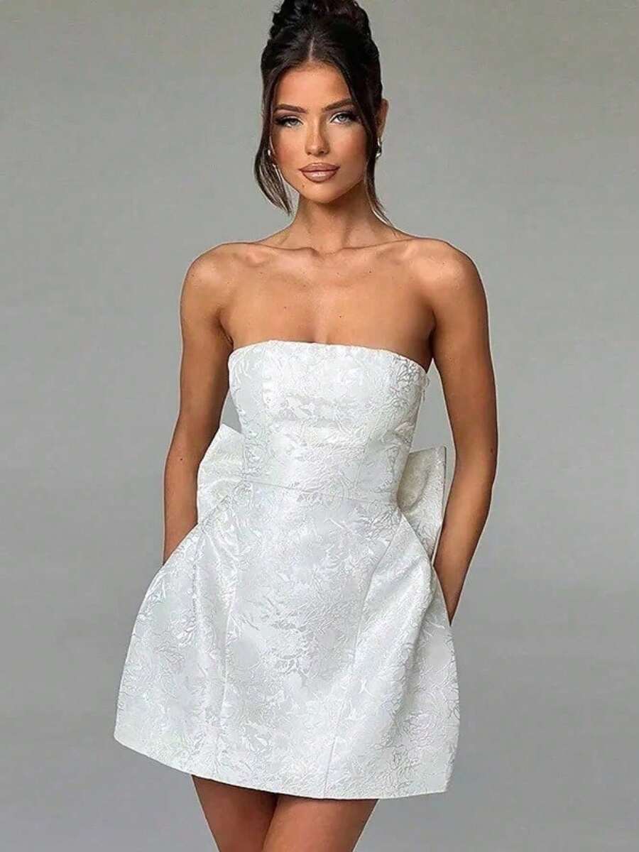 Valentine's Day Jacquard Strapless Tube Top Back Big Bow Ruched Waist Mini Party Dress - White - View 1