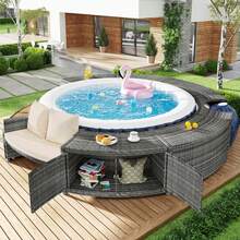 Garden Lounge Set With Round Sofa, Garden Furniture Set, Lounge Set, For Hot Tub And Pool, With Adjustable Feet, Including Cushions, Furniture For Terrace, Garden Or Pool Area (Previous Sku: HW00004AAA) - 灰色 - 查看 3