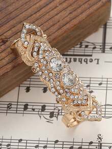 1pc Vintage Hollow Rhinestone Ring, Personalized & Bold, Fashionable & Versatile, Fully Studded With Diamonds, Shiny & Adjustable, Suitable For Girls To Wear. - Gold - View 2
