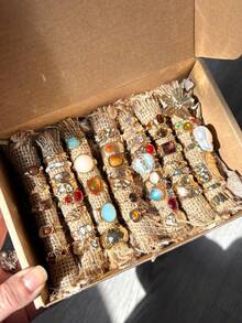 5/6/7/9件套女士复古优雅时尚夸张宽面多元素不对称褶皱水钻彩色塑料宝石可调节戒指套装，高端可叠戴戒指，适合女士，秋冬季、度假、派对、婚礼、日常佩戴 - 彩色 - 查看 4