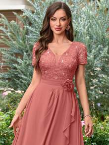 MIUSOL Sequin Floral Lace V-Neck 3D Floral Decor Asymmetric Ruffle Hem Chiffon Evening Party Maxi Dress - Dusty Pink - View 8