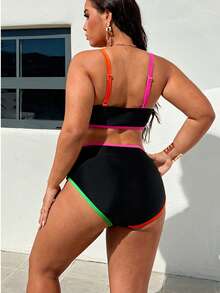 Fashionable Women's Two-Piece Swimsuit Set With Color-Coated Trim, Featuring A Sexy Deep V-Neck Design With Halter Neck And Strapless Style. Plus-Size, Suitable For Sports, Outdoor Activities, Beach Leisure, Hiking, Sunbathing, Photoshoots, And Water Play. - màu đen - Xem 3