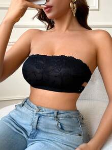 女士无肩带文胸，侧边纽扣设计，无衬垫，蕾丝边饰 - 适合日常穿着及特殊场合（仅限手洗） - 黑色 - 查看 3