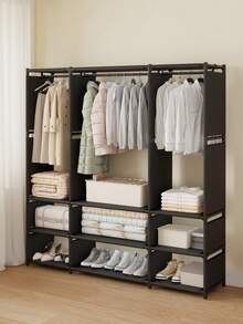 1pc Multi-Functional Space-Saving Wardrobe Storage Rack, Large Capacity Closet Storage Space With Hanging Rod And Shelves, Easy To Assemble, DIY Foldable Bedroom/Dorm Clothes & Shoes Organizer (Black/White) - Multicolor - View 9