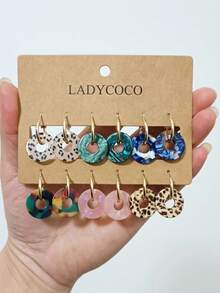 LADYCOCO 6 Pairs Fashionable & Cute Acrylic Multi-Color Asymmetrical Texture Pendant Earrings, Suitable For Women - Multicolor - View 1