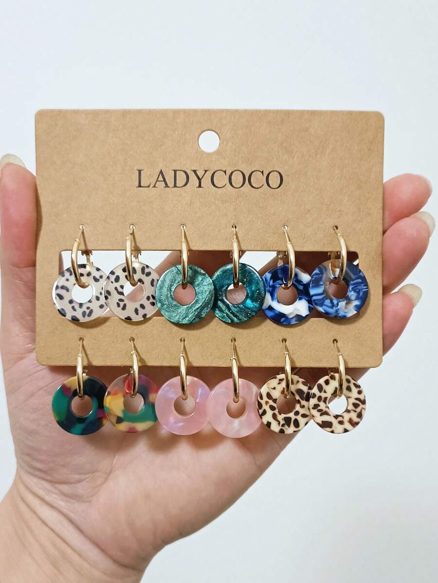 LADYCOCO 6 Pairs Fashionable & Cute Acrylic Multi-Color Asymmetrical Texture Pendant Earrings, Suitable For Women - Multicolor - View 1