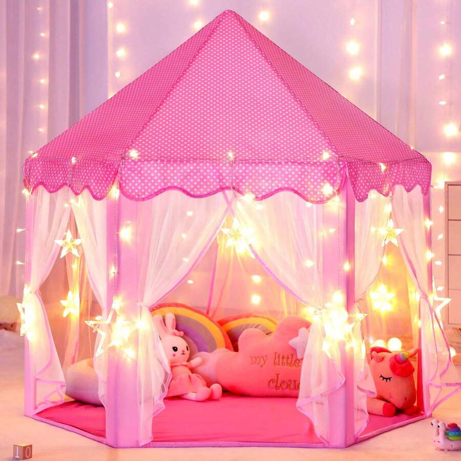 Princess Castle Fairy Tent, Play Toys For Girls Large Hexagon Playhouse, Toy Houses, With Big Star Lights Indoor And Outdoor Kids Magical Game House Kids Camping(With Mat) - 粉紅色大燈 - 查看 1