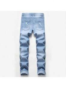Jeans Men Púrpura 2025 Pantalones de Hombre Traje de calle Trendy Pantalones Denim Estrechados Rompidos Negro Ligeño Lavado Ajuste fino Cintura elástica Ajuste suelto Pantalones Casuales de gran tamaño para hombres Moda hip hop - Neblina azul - Ver 2