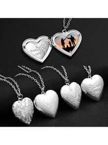 情人节心形照片吊坠项链套装，可刻字可打开吊坠项链，送给青少年和年轻人的浪漫礼物 - 銀色 - 查看 4