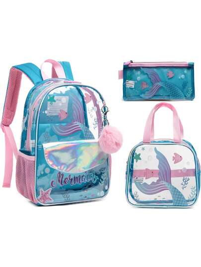 Set de 3 piezas de mochila transparente de PVC de moda para niños con lonchera y estuche de lápices, colores vibrantes amados por niños y niñas, adecuado para actividades casuales, sin requisito de revisión de , el mejor regalo para volver a la escuela