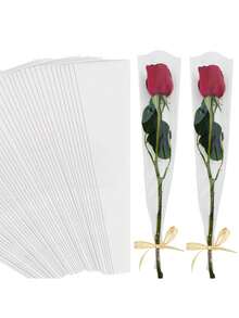 50个装 - 单支玫瑰花束包装袋，鲜花包装袋，单支鲜花包装纸，花束套装，母亲节，情人节礼物，婚礼（白色） - 無色 - 查看 2
