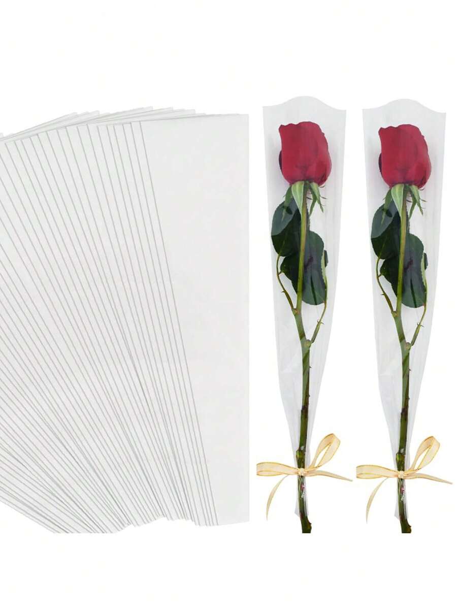 50个装 - 单支玫瑰花束包装袋，鲜花包装袋，单支鲜花包装纸，花束套装，母亲节，情人节礼物，婚礼（白色）