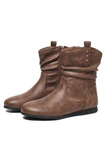 Brown Pleated Side Zipper Flat Round Toe Comfortable Versatile Office Commute Daily Casual Mid-Calf Boots, Suitable For All Seasons - Brown - View 4