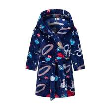 Children's Printed Flannel Bathrobe, Long Sleeve, With Pockets, Hood And Belt, 90cm, Suitable For 2-3 Years Old, Ideal For Autumn/Winter After Bath, Great Christmas Gift. Thickened Flannel Hooded Bathrobe, Astronaut Print, Soft And Comfortable, Perfect Choice After Bath In Autumn/Winter.