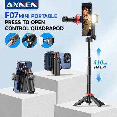 AXNEN 迷你自拍杆三脚架，带挂绳环、可旋转手机支架、无线蓝牙遥控器、一键开关、可伸缩支腿，适用于户外露营、旅行、Vlog拍摄、家庭聚会、假日录像、直播等，兼容和安卓手机，可用于冬季假期、旅行、补光、户外活动、直播等，支持360°旋转。