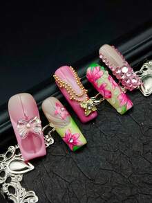 Gorgeous Cute Baroque Valentine's Day Y2K Shiny Nail Art Set, Includes 10pcs Red, White, Pink, Black, Red, Shiny Floral Pattern Handmade Acrylic Press-On Nail Strips Nails - Hồng - Xem 4