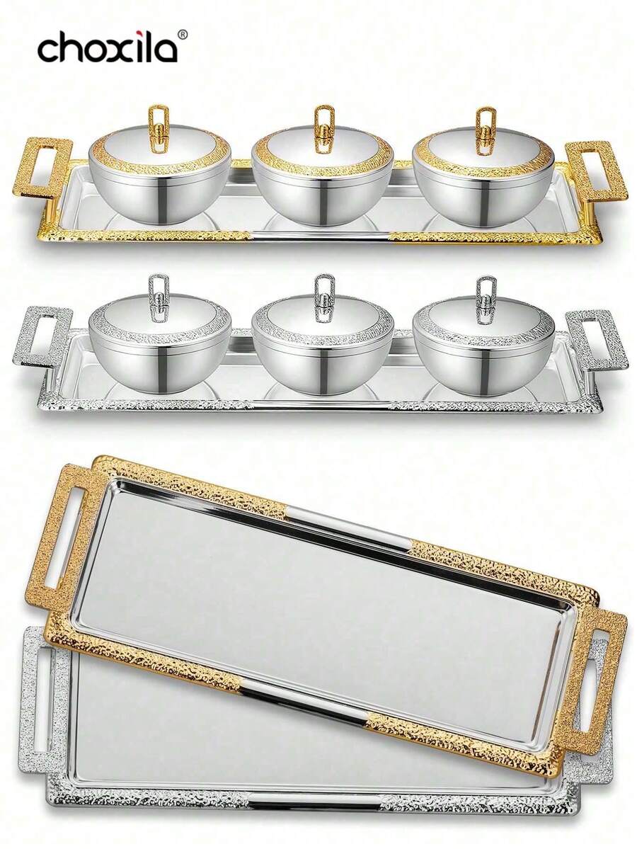 choxila 1个铁艺浮雕金色长托盘，带把手，适用于盛放菜肴，中东风格托盘，带盖盛菜碗，水果碗，椰枣碗，居家、餐厅、聚会、斋月期间均可使用。 - Tray - 查看 1