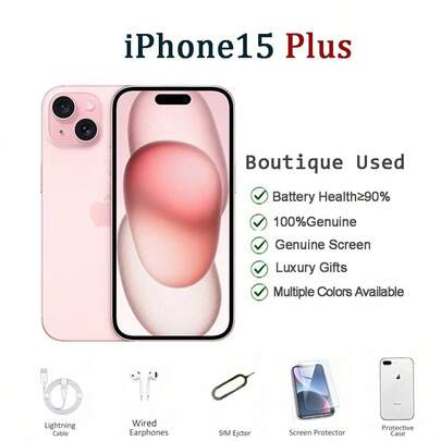 Apple 二手苹果 iPhone 15 Plus，128GB/256GB，6.7 英寸双卡双待智能手机，成色 95% 新，黑色、蓝色、粉色、黄色、绿色可选。功能强大，可满足日常办公、居家/远程办公和会议需求。