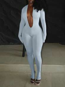 Sexy Backless Deep V-Neck Long Sleeve Solid Color Jumpsuit, Autumn - Baby Blue - View 9