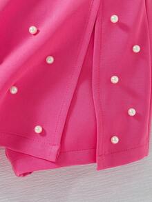 Niñas jóvenes Nuevo verano Sólido Color Cuello redondo Volantes Decoración con cuentas + Falda pantalón sólida linda con cuentas - Blanco - Ver 5
