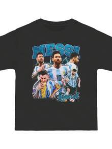 Lionel Argentina Graphic T-Shirt World Cup Legend Tee Oversized Soccer Shirt Retro Albiceleste Streetwear - 黑色 - 查看 1