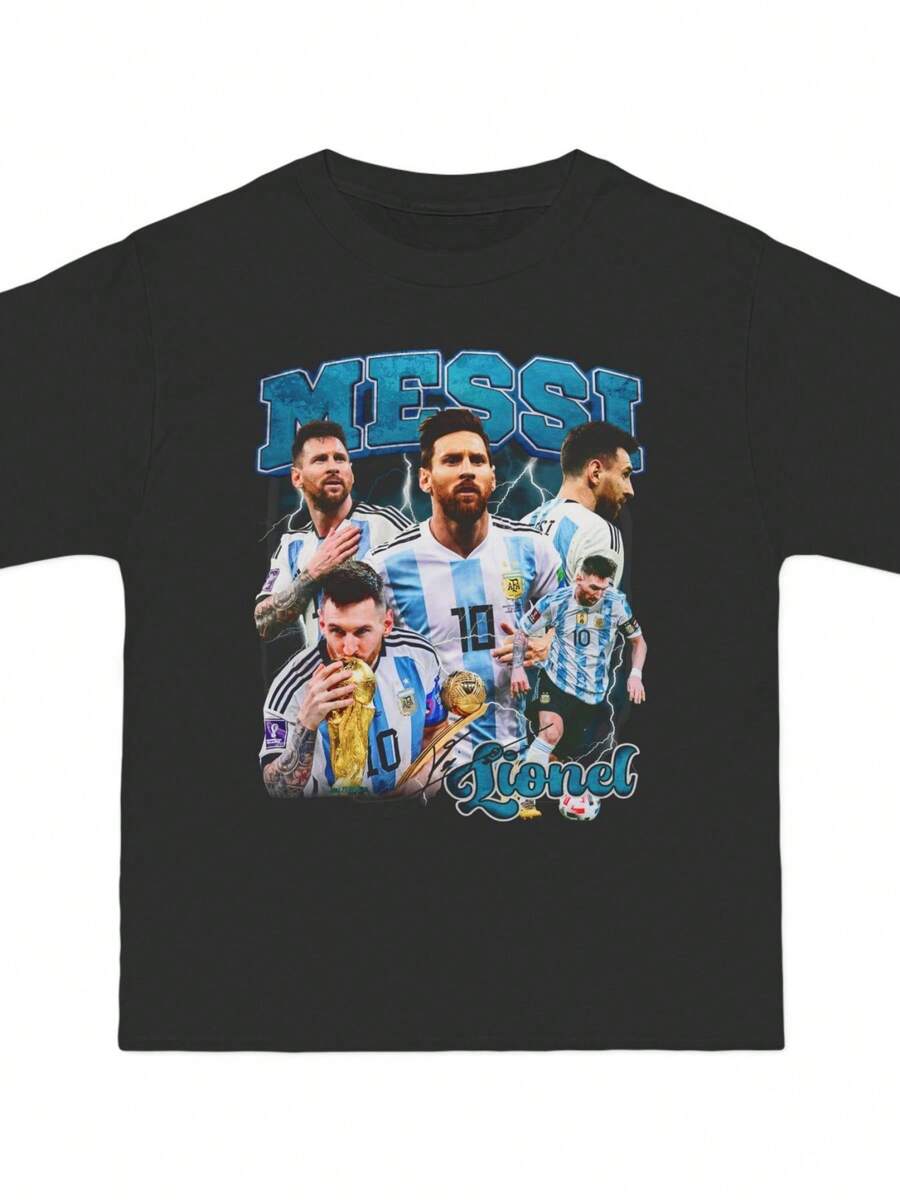 Lionel Argentina Graphic T-Shirt World Cup Legend Tee Oversized Soccer Shirt Retro Albiceleste Streetwear - 黑色 - 查看 1