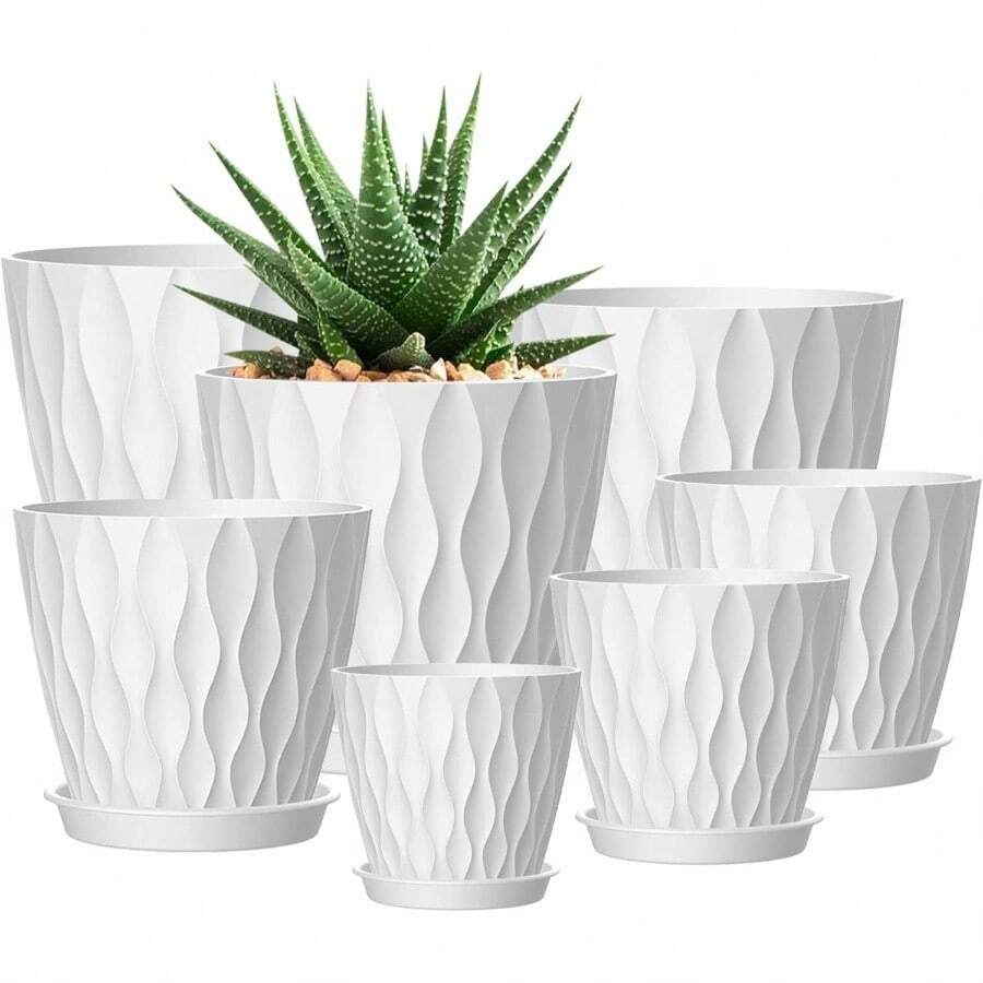 Inch Plant Pots 5 Pack, Flower Planters With Drainage Holes And Trays, Plastic Pots Indoor Outdoor Plants, White - 白色 + 7+6.5+6+5.5+5+4.5+4英寸 - 查看 1